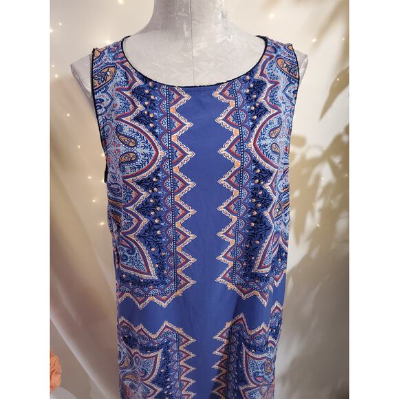 J Jill Paisley Boho Boat Neck Sleeveless Sheath Dress Sz L Majestic Blue Pockets - Picture 2 of 10